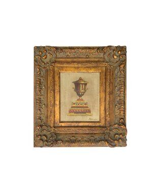 Painting Classic Urn Oil on Canvas Lidded Vase Signed Medina Vintage Rococo Art